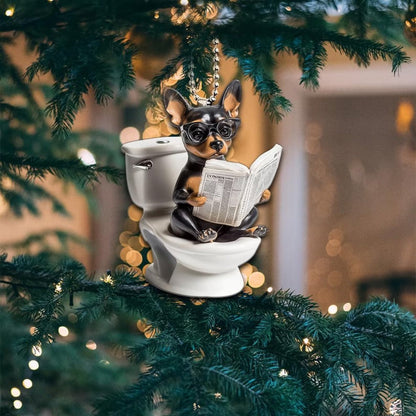 Miniature Pinscher - Dog Sitting On Toilet Ornament  OT053