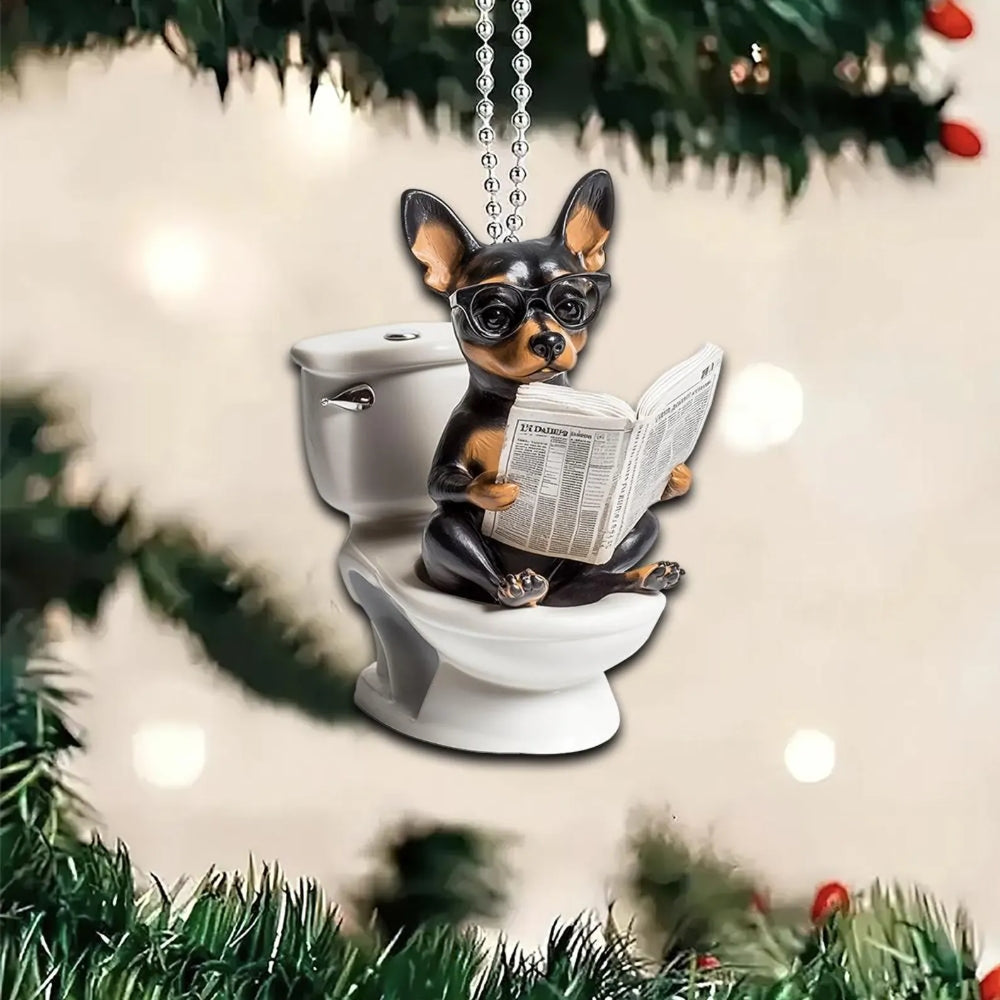 Miniature Pinscher - Dog Sitting On Toilet Ornament  OT053