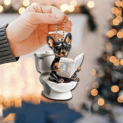 Miniature Pinscher - Dog Sitting On Toilet Ornament  OT053
