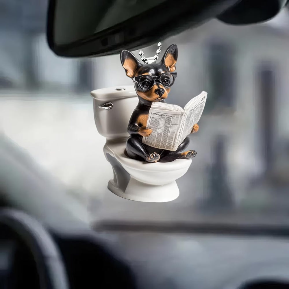 Miniature Pinscher - Dog Sitting On Toilet Ornament  OT053