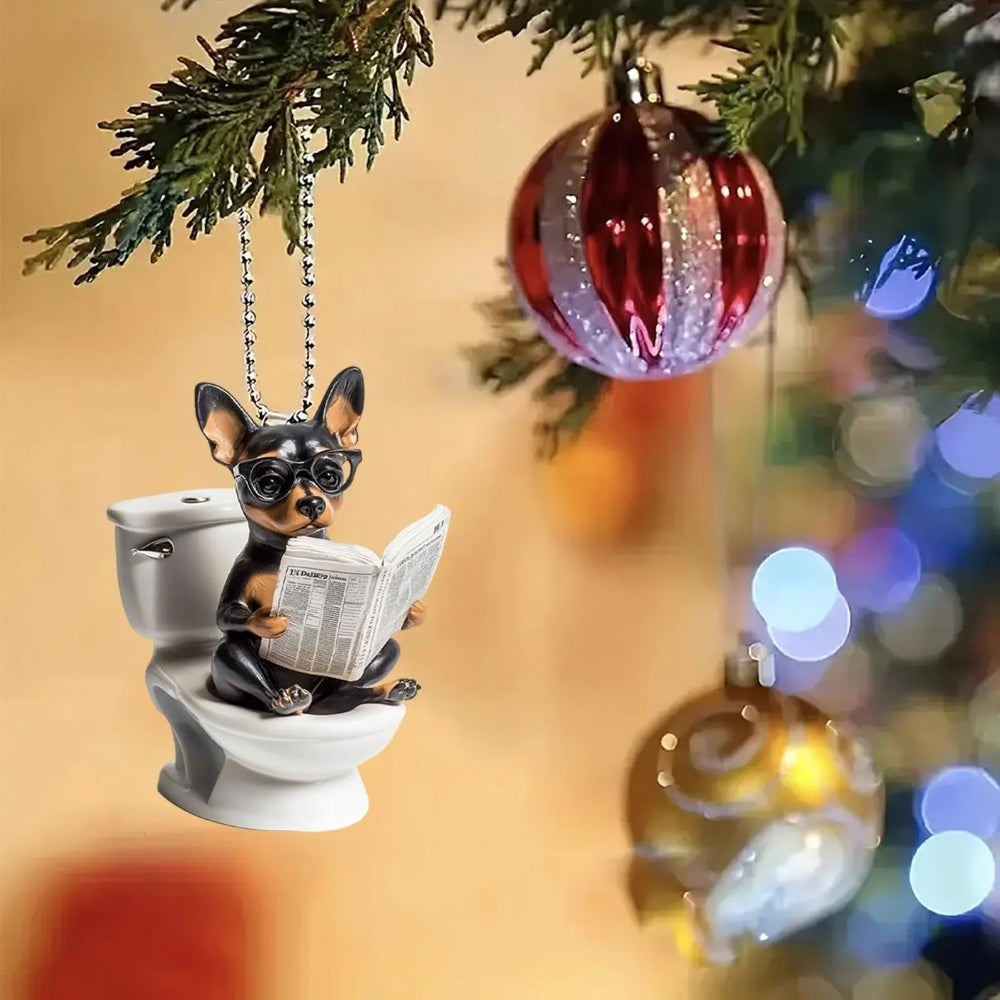 Miniature Pinscher - Dog Sitting On Toilet Ornament  OT053