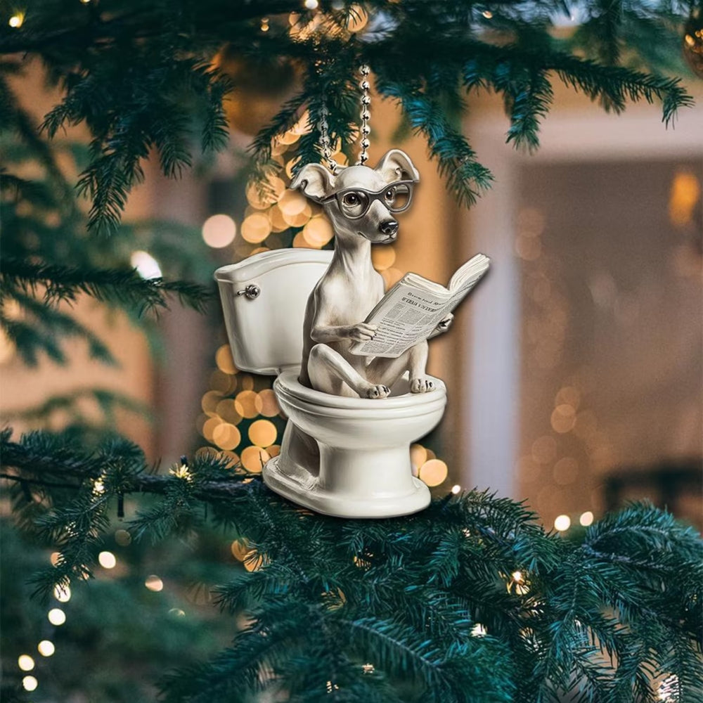 Whippet - Dog Sitting On Toilet Ornament  OT049