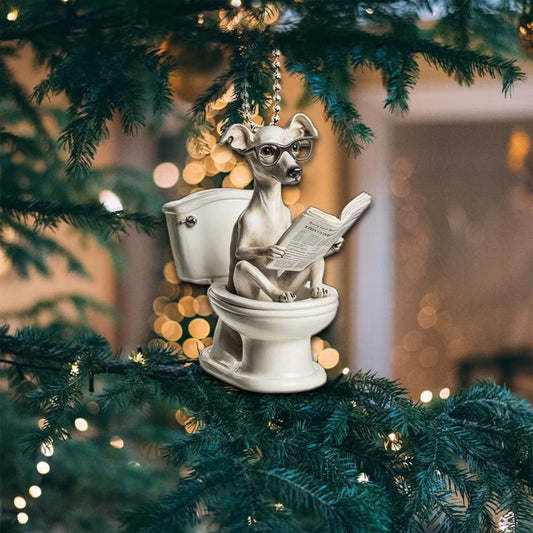 Whippet - Dog Sitting On Toilet Ornament  OT049