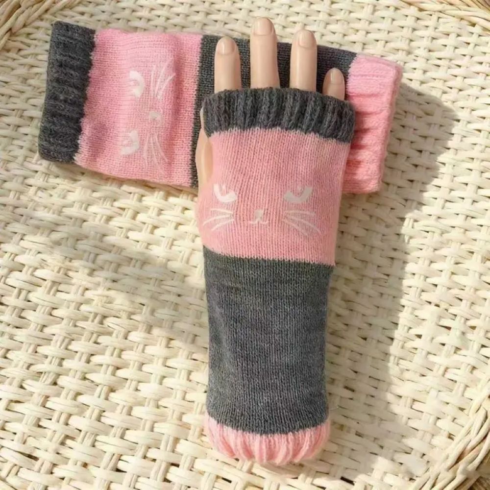 Knitted Fingerless Gloves - Cat Printing