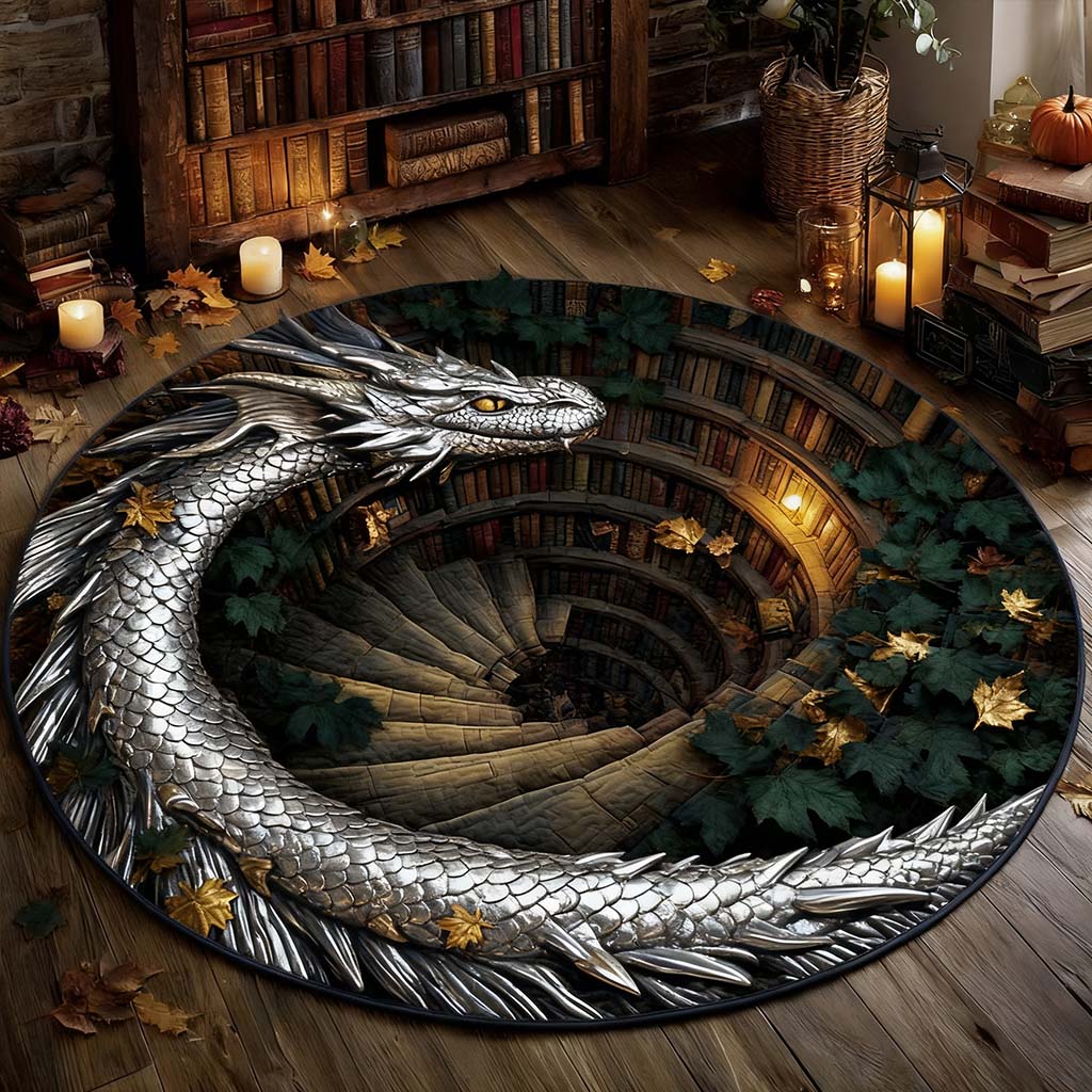 Mythical Wisdom Silver Dragon - Spiral Watcher Round Rug