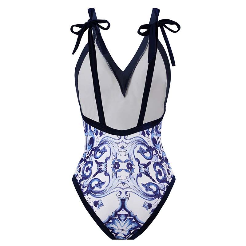 Fashion Vintage V-Neck Print One-Piece Swimsuit Set - F385