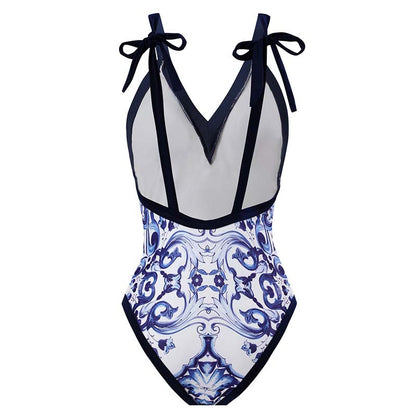Fashion Vintage V-Neck Print One-Piece Swimsuit Set - F385
