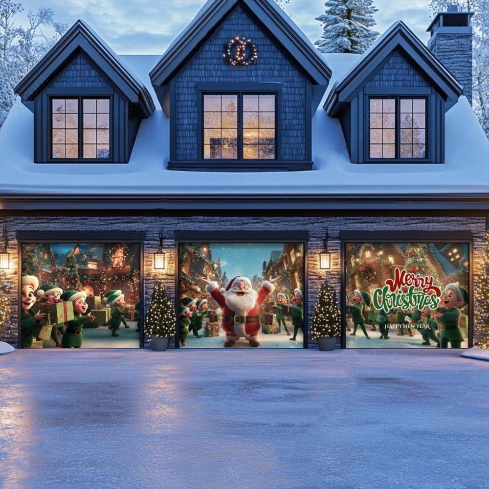 Santa And Elves Christmas Garage Door Covers D489