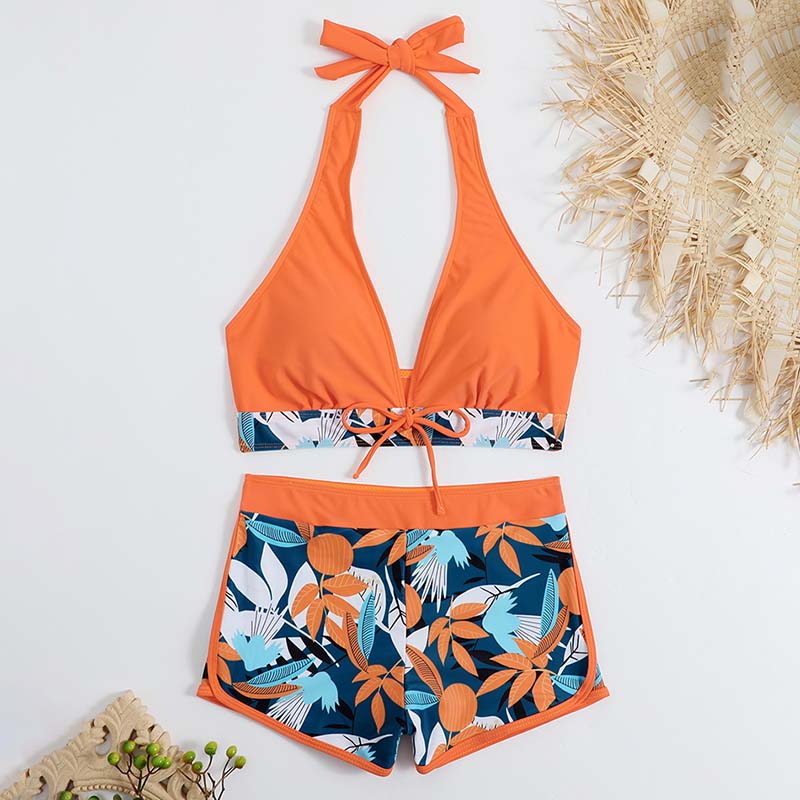 Women's Floral Print Stitching Split High Waist Swimsuit Set
