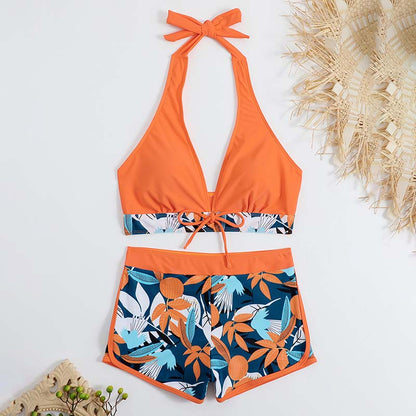 Women's Floral Print Stitching Split High Waist Swimsuit Set