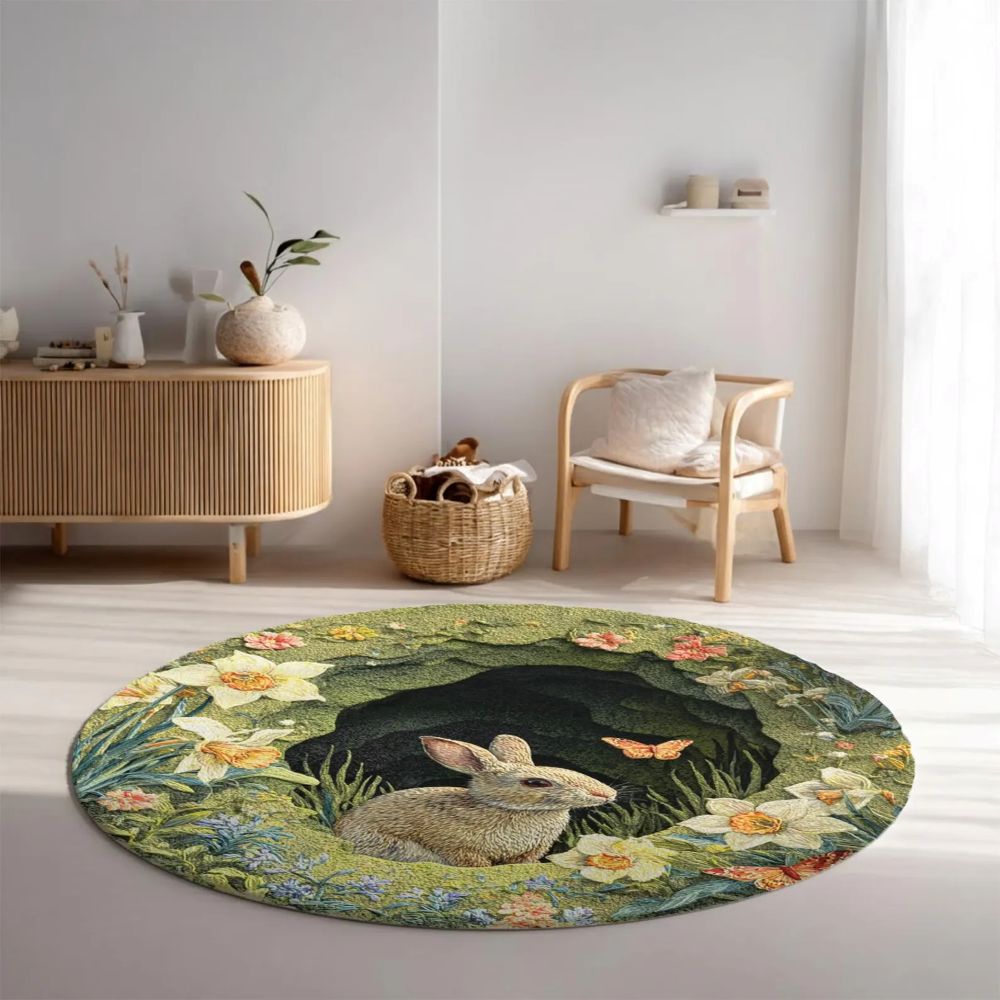 Spring Flower Bunny  - 3D Illusion Round Rug - H639