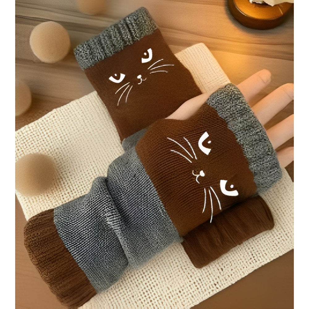 Knitted Fingerless Gloves - Cat Printing