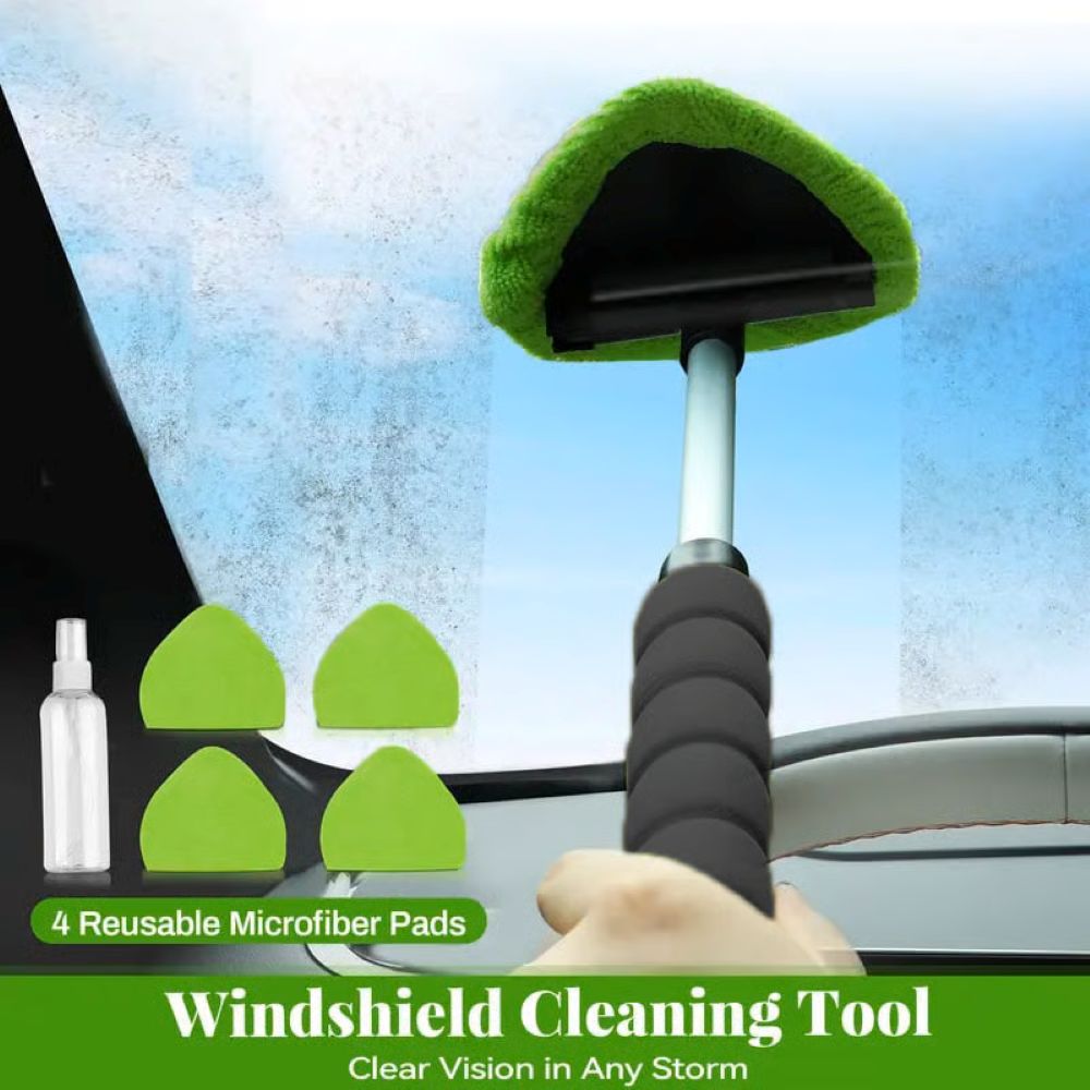 Windshield Cleaning Tool - Microfiber Car Window Cleaner with 4 Reusable and Washable Microfiber Pads and Extendable Handle
