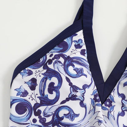 Fashion Vintage V-Neck Print One-Piece Swimsuit Set - F385