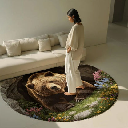 Spring Floral Bear Cave - 3D Illusion Round Rug - H641