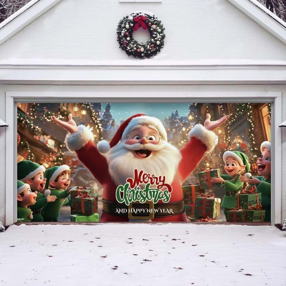 Santa And Elves Christmas Garage Door Covers D489
