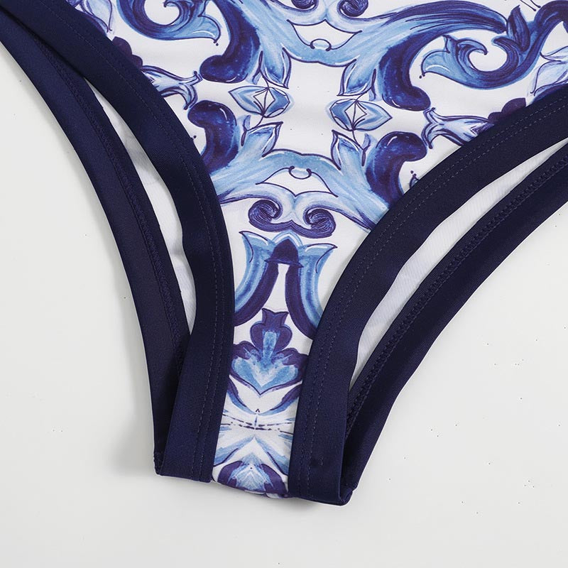 Fashion Vintage V-Neck Print One-Piece Swimsuit Set - F385