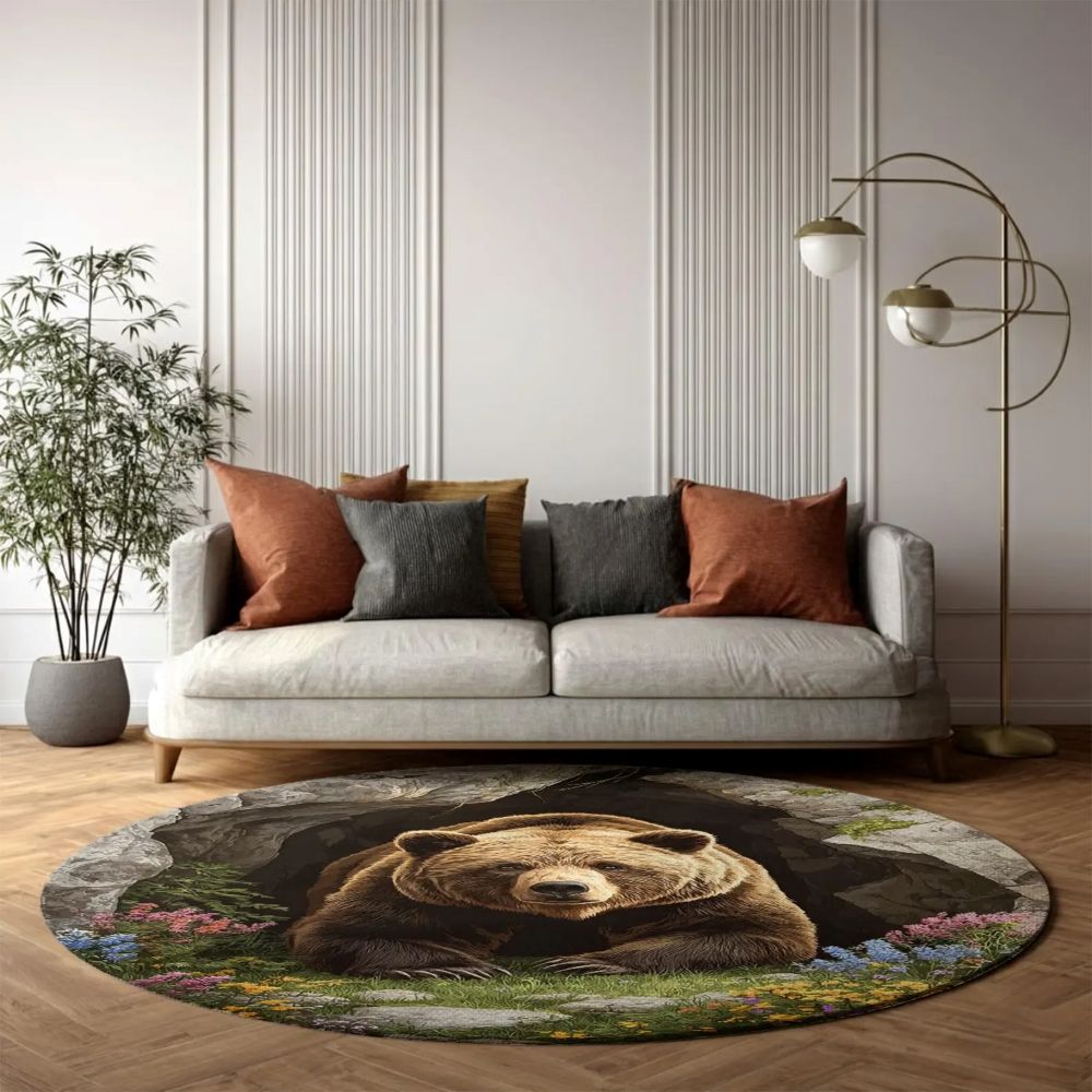 Spring Floral Bear Cave - 3D Illusion Round Rug - H641