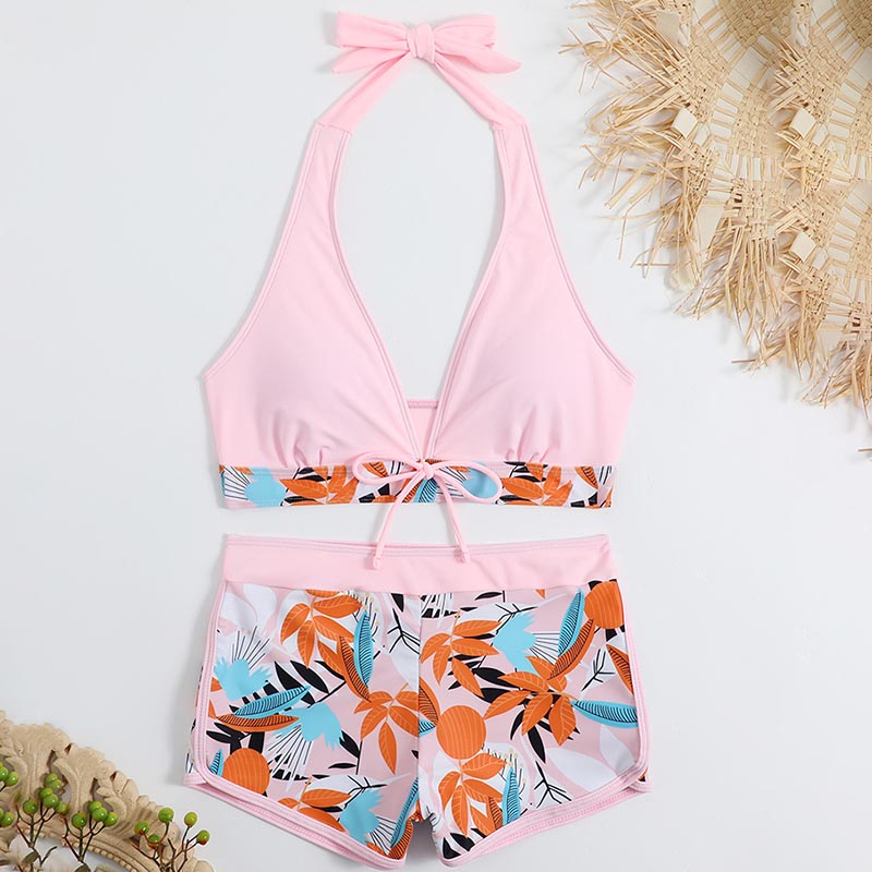 Women's Floral Print Stitching Split High Waist Swimsuit Set