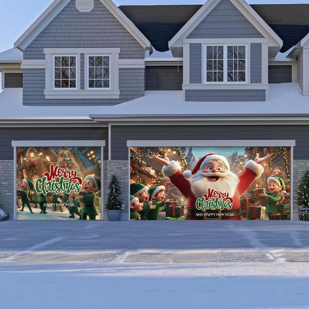 Santa And Elves Christmas Garage Door Covers D489