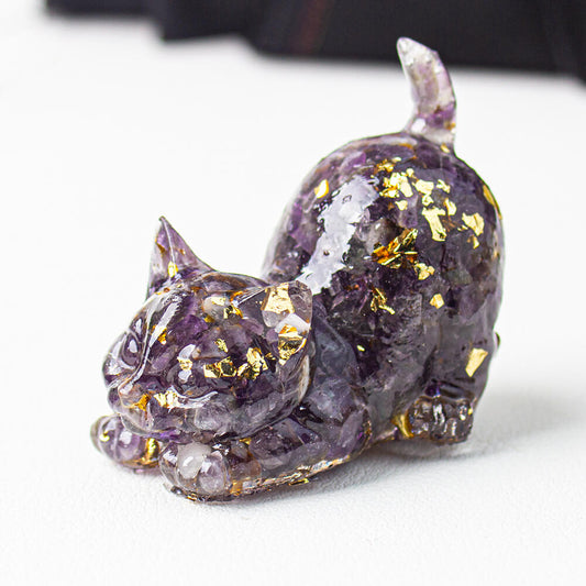 Amethyst - Handmade Natural Crystal Gemstone Cat with Raised Tail