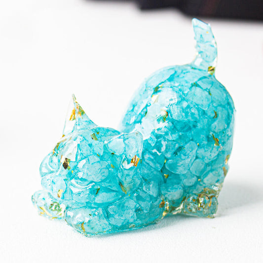 Aquamarine - Handmade Natural Crystal Gemstone Cat with Raised Tail