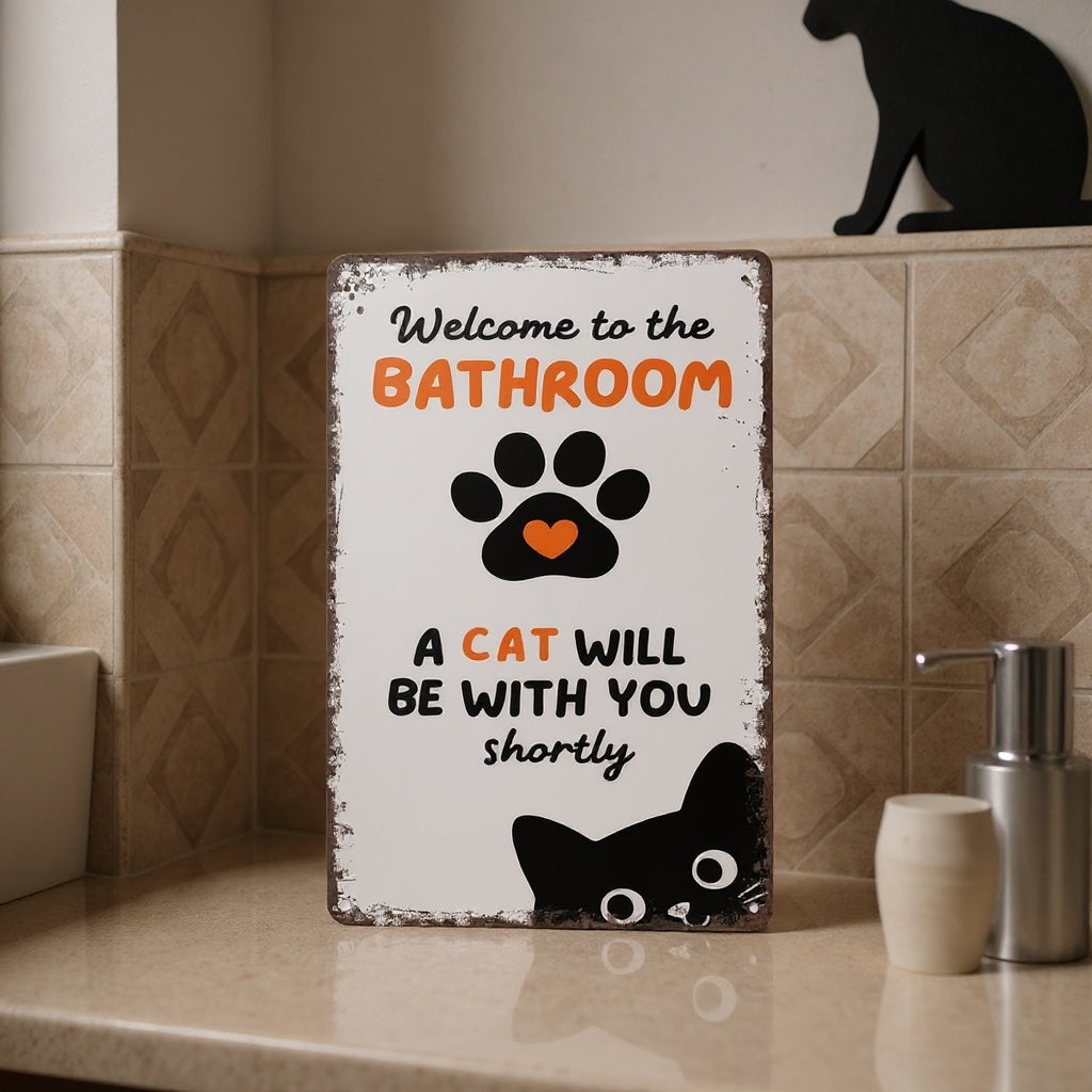 Vintage Black & White Humor Metal Sign - "Welcome To The Bathroom" - BW052