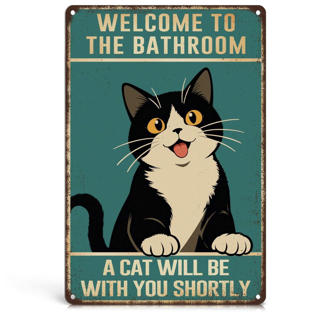Vintage Cat Humor Metal Sign - "Welcome To The Bathroom" - BW055