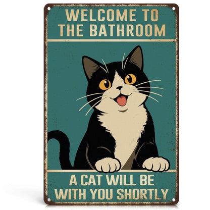 Vintage Cat Humor Metal Sign - "Welcome To The Bathroom" - BW055