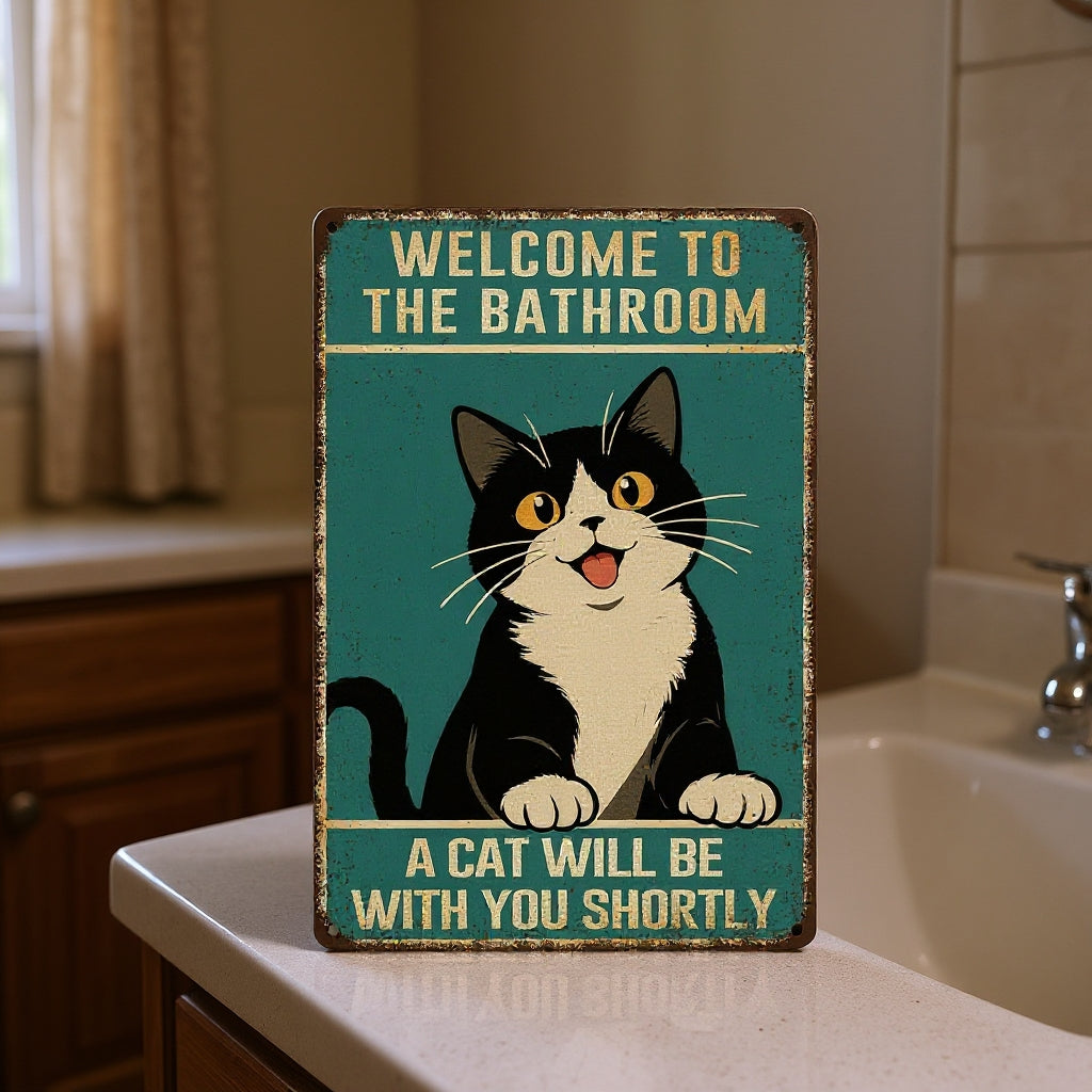 Vintage Cat Humor Metal Sign - "Welcome To The Bathroom" - BW055
