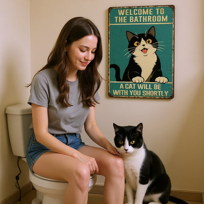 Vintage Cat Humor Metal Sign - "Welcome To The Bathroom" - BW055