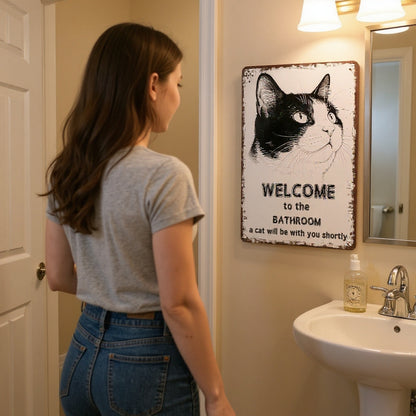 Vintage Black & White Humor Metal Sign - "Welcome To The Bathroom" - BW056