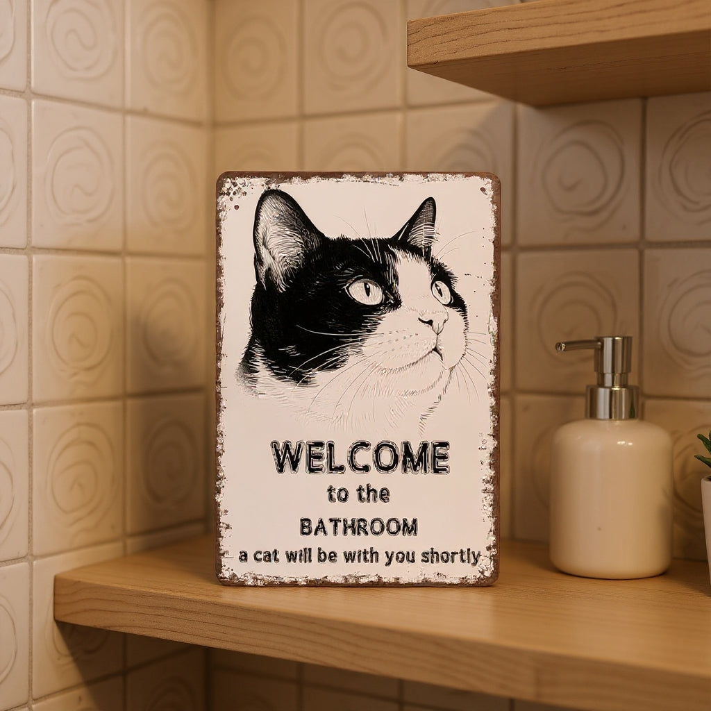 Vintage Black & White Humor Metal Sign - "Welcome To The Bathroom" - BW056