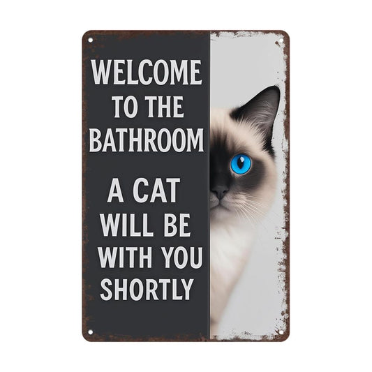 Vintage Cat Humor Metal Sign - "Welcome To The Bathroom" - BW058