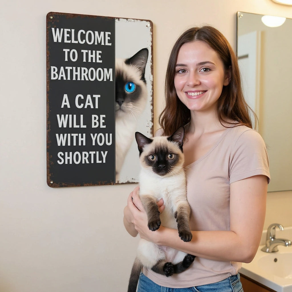 Vintage Cat Humor Metal Sign - "Welcome To The Bathroom" - BW058