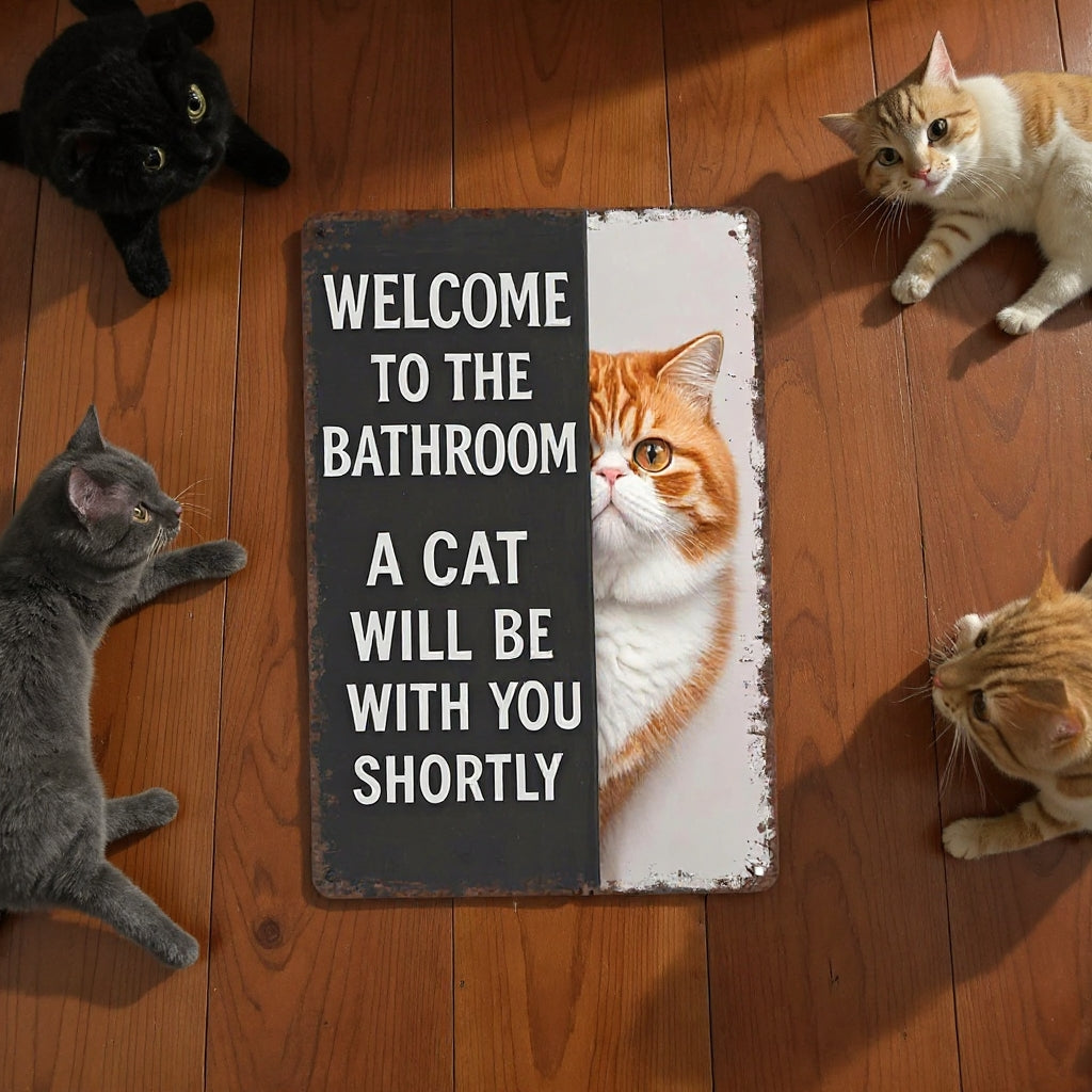 Vintage Cat Humor Metal Sign - "Welcome To The Bathroom" - BW059