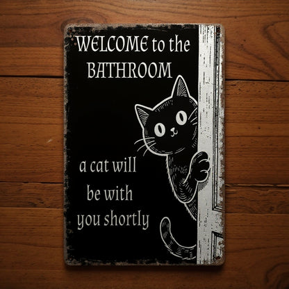 Vintage Black & White Humor Metal Sign - "Welcome To The Bathroom" - BW061