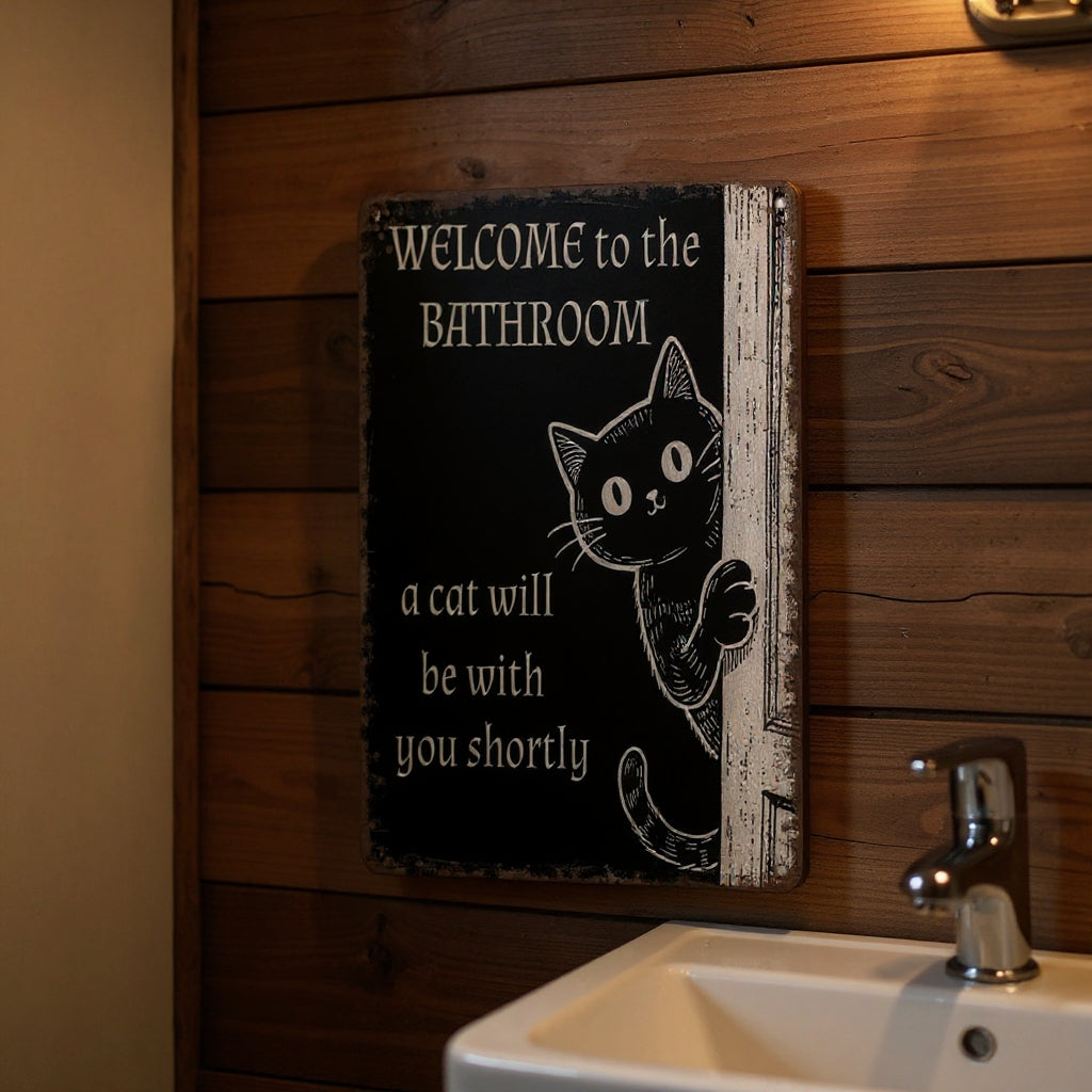 Vintage Black & White Humor Metal Sign - "Welcome To The Bathroom" - BW061