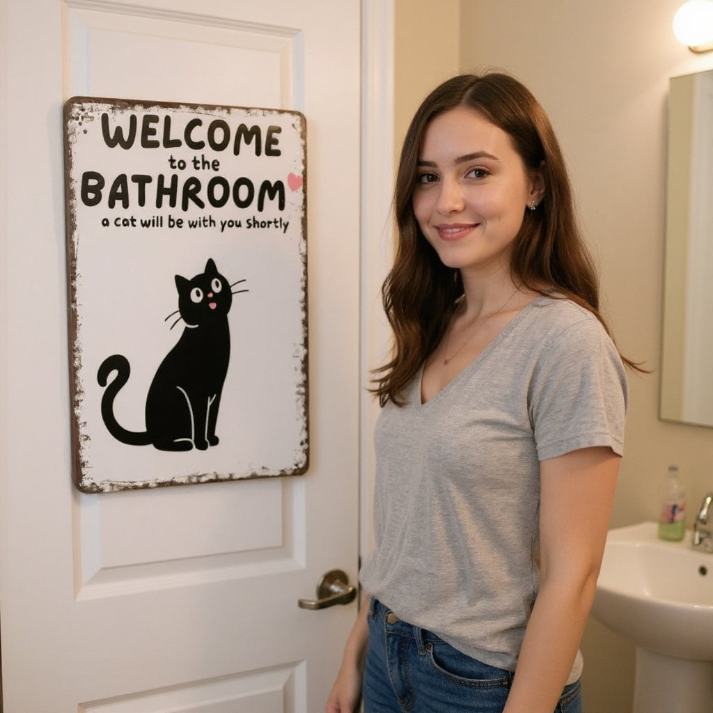 Vintage Black & White Humor Metal Sign - "Welcome To The Bathroom" - BW063
