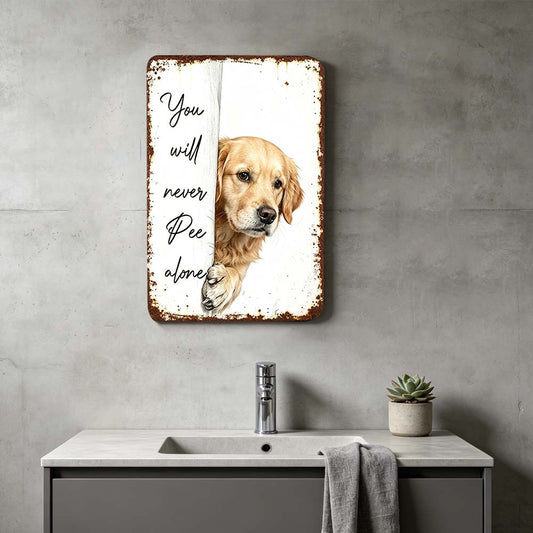 Vintage Golden Humor Metal Sign – Funny "You Will Never Pee Alone" Wall Decor - BW074