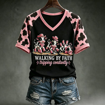 Walking By Faith T-Shirt - Funny Cow Graphic V-neck Tee