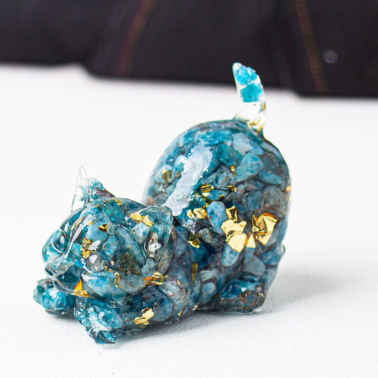 Blue ApatiteHandmade Natural Crystal Gemstone Cat with Raised Tail