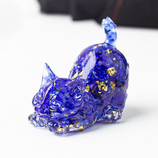 Blue Glazed - Handmade Natural Crystal Gemstone Cat with Raised Tail