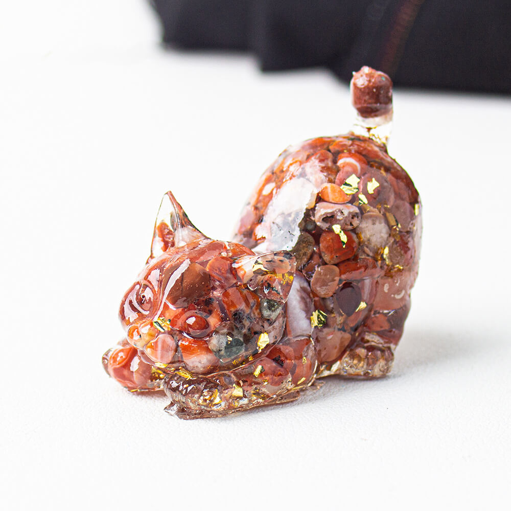 Red Agate - Handmade Natural Crystal Gemstone Cat with Raised Tail