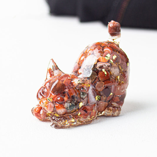 Red Agate - Handmade Natural Crystal Gemstone Cat with Raised Tail