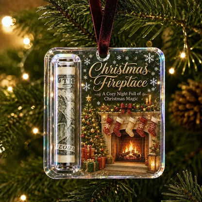 A square Christmas ornament hanging from a tree branch, featuring a rolled dollar bill and a printed holiday scene with stockings, gifts, and a fireplace. The ornament has a clear plastic border and a dark red hanging ribbon.