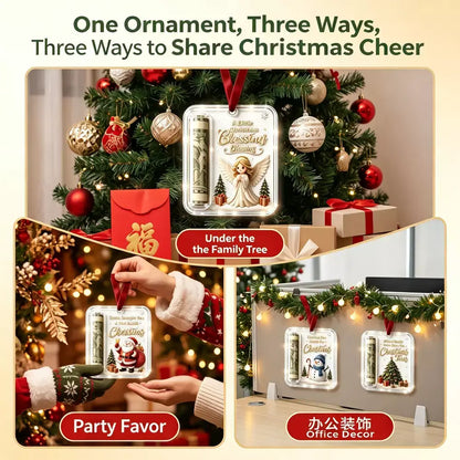 Promotional collage showing a Christmas-themed money tree ornament in three use cases: hanging under a family tree, used as a party favor, and displayed on an office desk with holiday garland. The main product is a rectangular metal ornament package with a red ribbon, featuring festive holiday illustrations and text including 'Christmas Blessings' and 'One Year at a Time.
