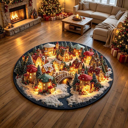 Magical Christmas Mushroom Village Round Rug - J098