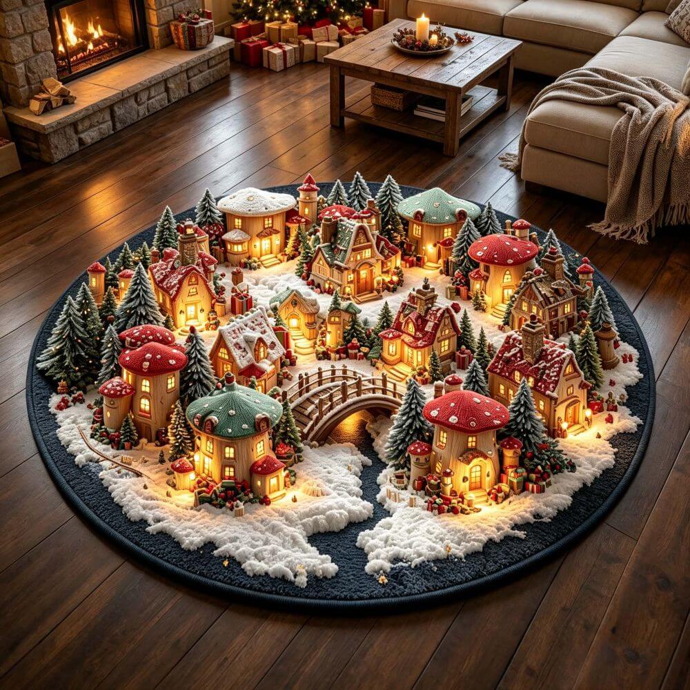 Magical Christmas Mushroom Village Round Rug - J098