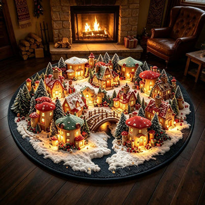 Magical Christmas Mushroom Village Round Rug - J098